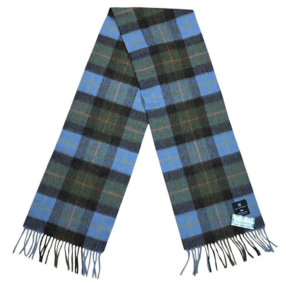 NEW Islander 100% Lambswool Rectangular Fringe Scarf Blue Brown Plaid